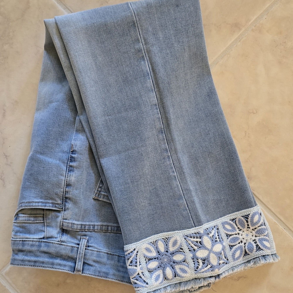 CHARLIE B Light Blue Flare Jeans with Lace Hem
